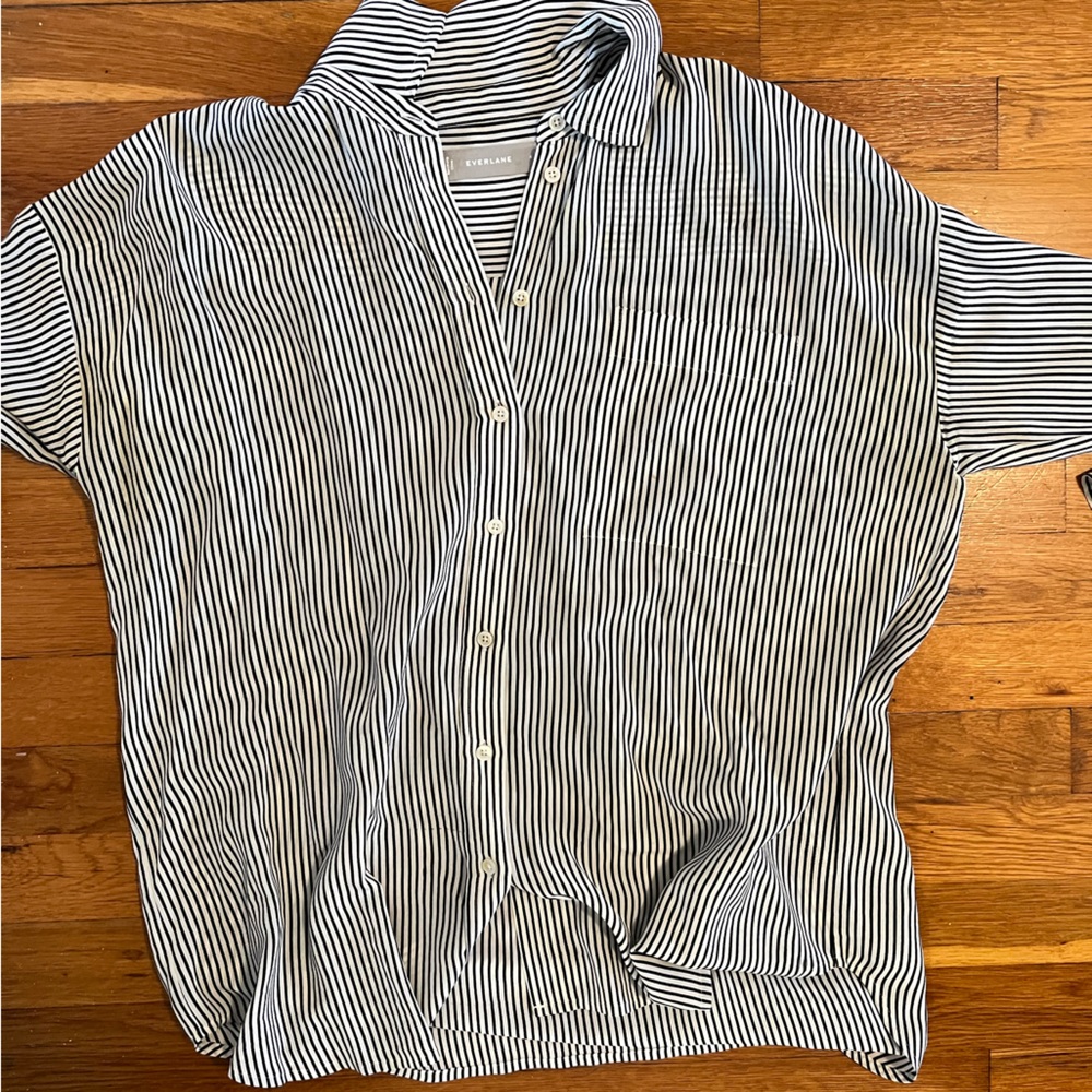 Everlane Black and white stripped button down silk shirt